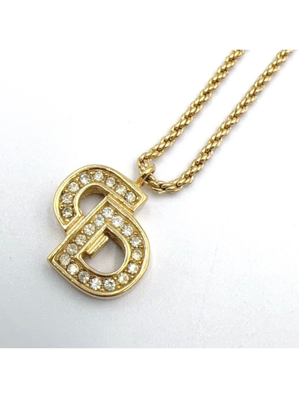 Dior CD Logo Rhinestone Metal Clear Gold Necklace